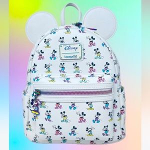 Exclusive pastel rainbow Disney Mickey Mouse pose Loungefly mini backpack